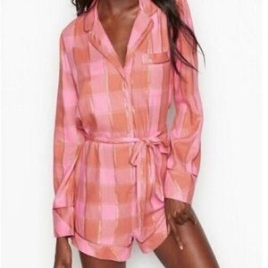 Victoria's Secret Rose Blush/Pink Plaid Long Sleeve Button Front Flannel Romper